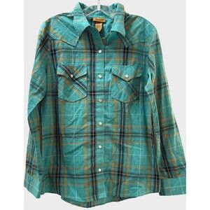 Wrangler Western Pearl Snap Shirt Green Plaid Medium Cotton Blend Cowgirl Rodeo